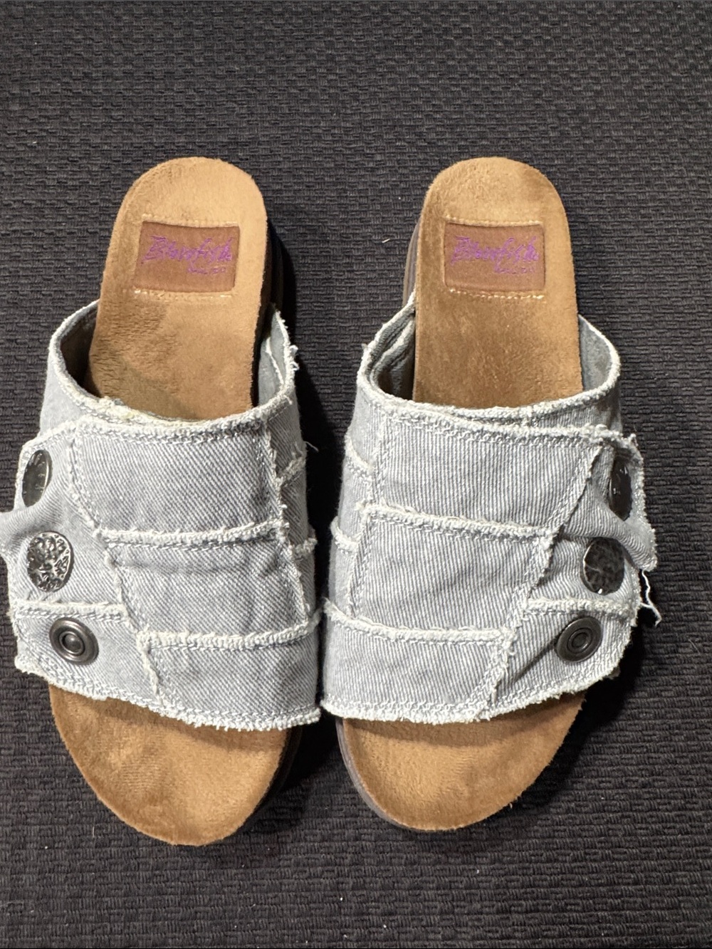 Blowfish Light Gray Denim Slide Sandals with Metal Button Accents